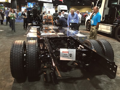 An electric Freightliner MT50e walk-in van chassis at the Advanced Clean Transportation Expo in Long Beach Calif. in 2019.