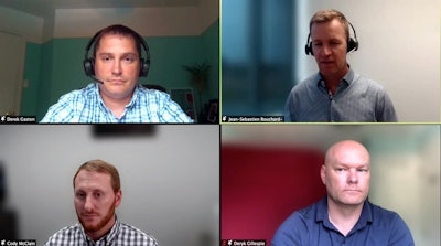 A TCA webinar on July 8 explored the potential of real-time driver coaching. Participants were (clockwise, starting top left) Derek Gaston from CNTL, Jean-Sebastian Bouchard from ISAAC, Cody McClain from Tucker Freight Lines, and Deryk Gillispie from Trimac.