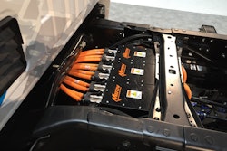 A battery-powered Ford F-550 chassis cab electrified by Dana-Spicer and Motiv on display at the Advanced Clean Transportation Expo in Long Beach, Calif. in 2019.