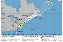 Tropical Storm Elsa made landfall Wednesday morning along Florida's Gulf Coast and will make its way up the East Coast in the coming days. (National Hurricane Center graphic)