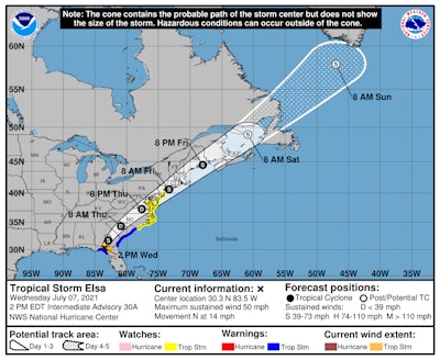 Tropical Storm Elsa made landfall Wednesday morning along Florida's Gulf Coast and will make its way up the East Coast in the coming days. (National Hurricane Center graphic)