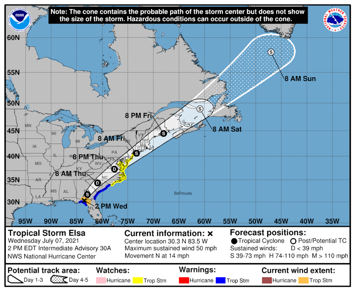 Tropical Storm Elsa made landfall Wednesday morning along Florida's Gulf Coast and will make its way up the East Coast in the coming days. (National Hurricane Center graphic)