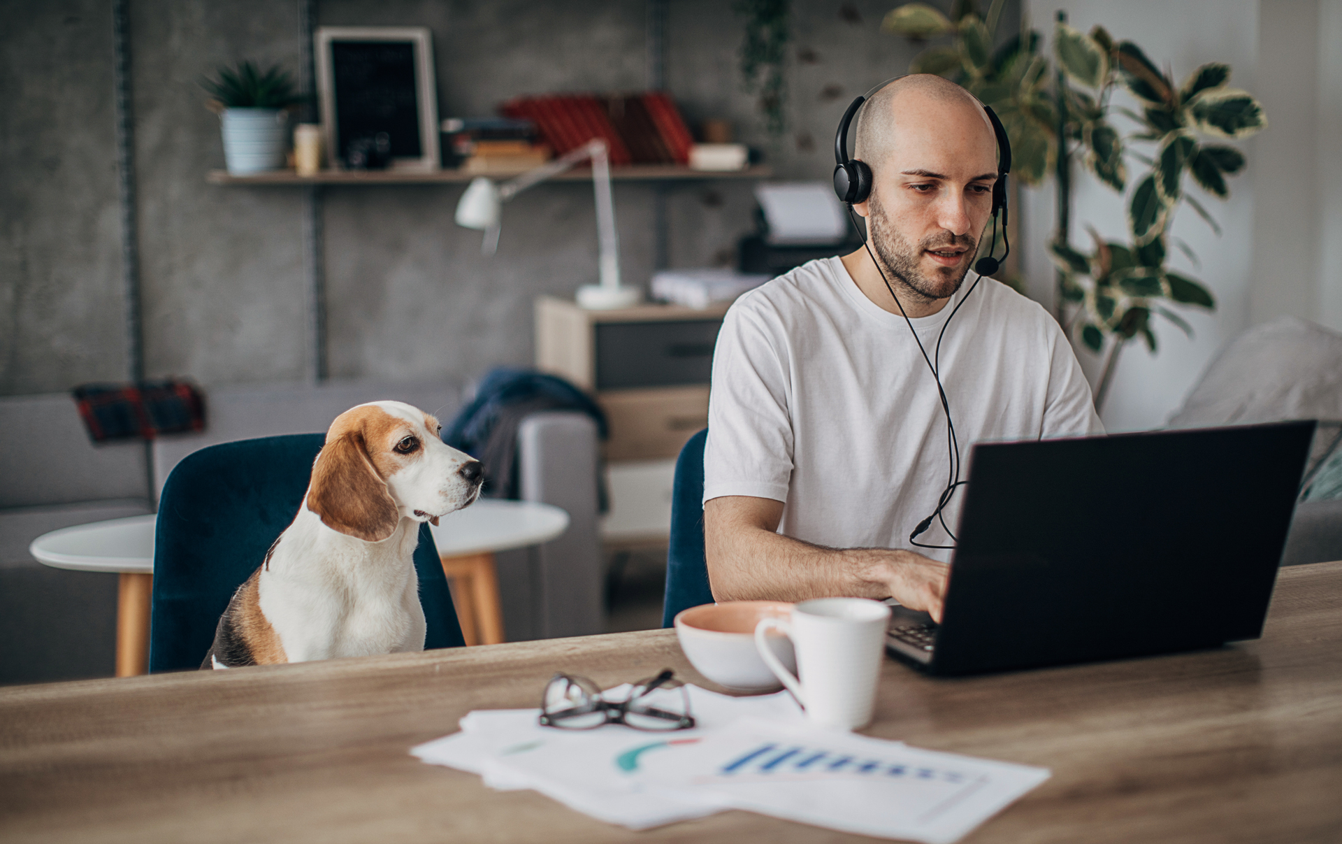 Man working from home with dog