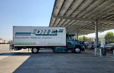 DHE in Ontario, Calif. has swapped out all of its internal combustion freight equipment for battery-powered models. An electric Volvo VNR is shown above.