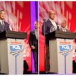 Brent Nussbaum, CEO of Nussbaum Transportation Services, (left) and Andrew Boyle, co-president and CFO of Boyle Transportation, (right) accept the Best Fleet to Drive For awards at the 2021 Truckload Carriers Association Annual Conference.