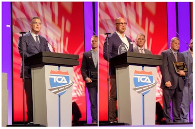 Brent Nussbaum, CEO of Nussbaum Transportation Services, (left) and Andrew Boyle, co-president and CFO of Boyle Transportation, (right) accept the Best Fleet to Drive For awards at the 2021 Truckload Carriers Association Annual Conference.