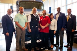 Three military veteran rookie truck drivers are finalists for the Transition Trucking: Driving for Excellence award. From left are Brad Bentley, Fastport president; Joey Mendel, general manager of the MHC RoadReady Center in Chillicothe, Ohio; Jimmy Reddell/U.S. Army, Army Reserves/Stevens Transport; Christopher Slindee/U.S. Army/Knight Transportation; Genevieve Bekkerus, Kenworth marketing director; James Rose/U.S. Marines/Prime Inc.; and Adam Rocke, senior director of outreach and engagement for Hiring Our Heroes.