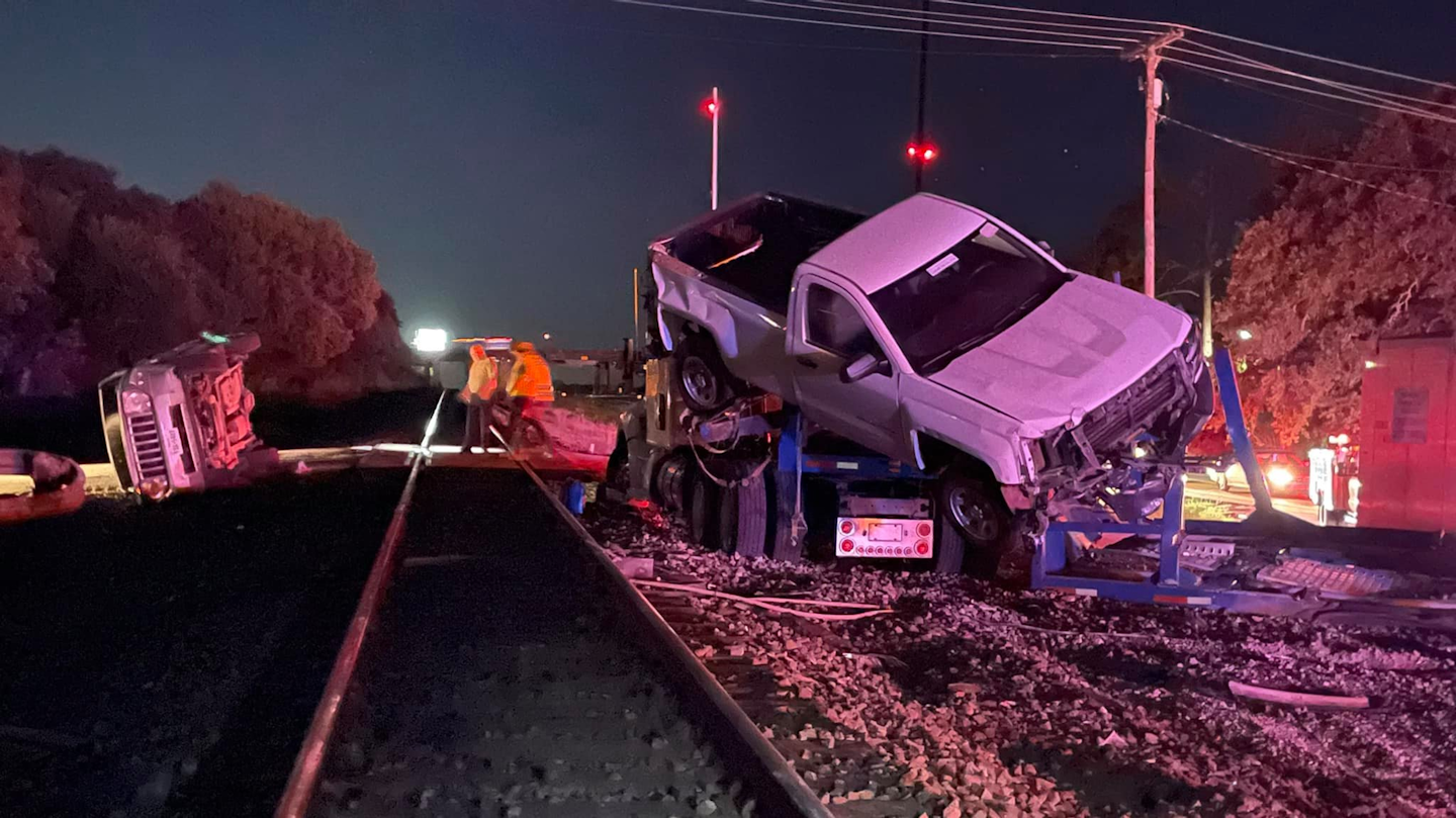 A car hauling rig smashed by a train recently in Oklahoma injured five people and left behind plenty of carnage including a damaged locomotive and a half-mile stretch of track. It was the third truck to become stuck on the tracks near Thackerville that week according to the Oklahoma Highway Patrol.