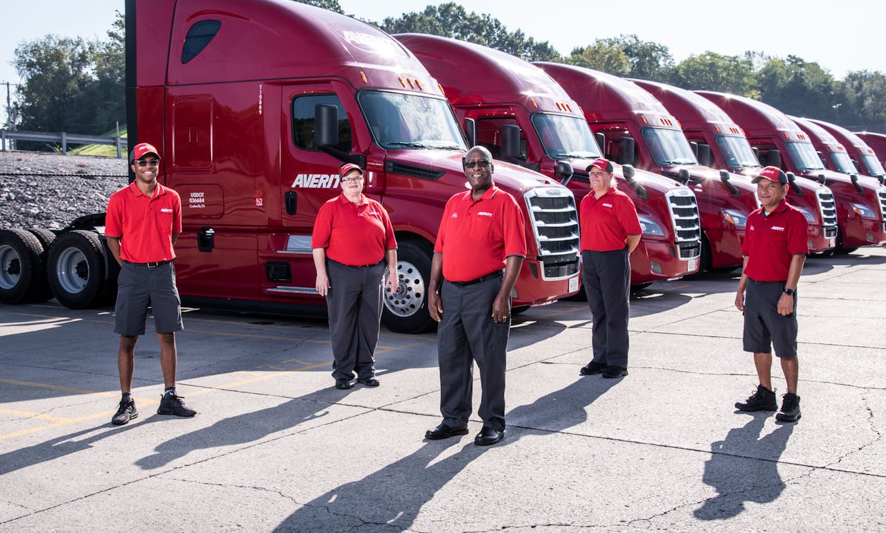As part of Averitt’s 50th celebration, five over-the-road drivers had their names drawn to be assigned a brand-new 2002 Freightliner truck. The winners included (from left): Troyshawn Downey; Rebecca Sanders; Tim Johnson; Crystal Austin; and Rey Cabigquez.