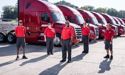 As part of Averitt’s 50th celebration, five over-the-road drivers had their names drawn to be assigned a brand-new 2002 Freightliner truck. The winners included (from left): Troyshawn Downey; Rebecca Sanders; Tim Johnson; Crystal Austin; and Rey Cabigquez.