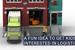 A fun idea to get kids interested in logistics text over an image of a semi-truck docked at a warehouse built out of Legos