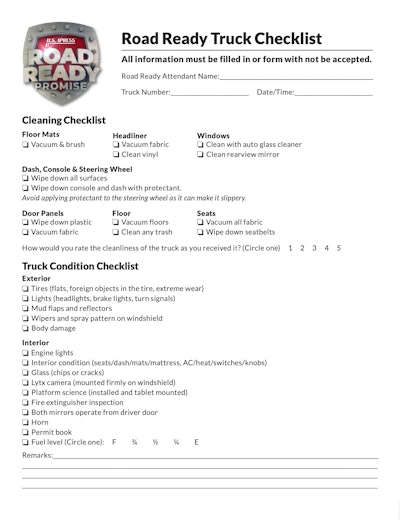U.S. Xpress Road Ready checklist