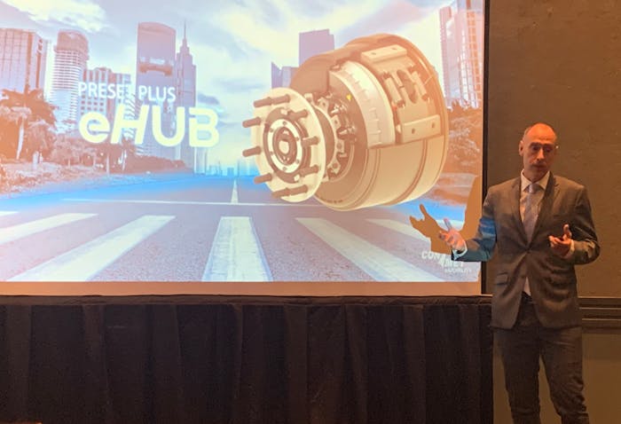 Marc Trahand, vice president and general manager of ConMet eMobility, at the Technology and Maintenance Council Annual meeting in Orlando Sunday.