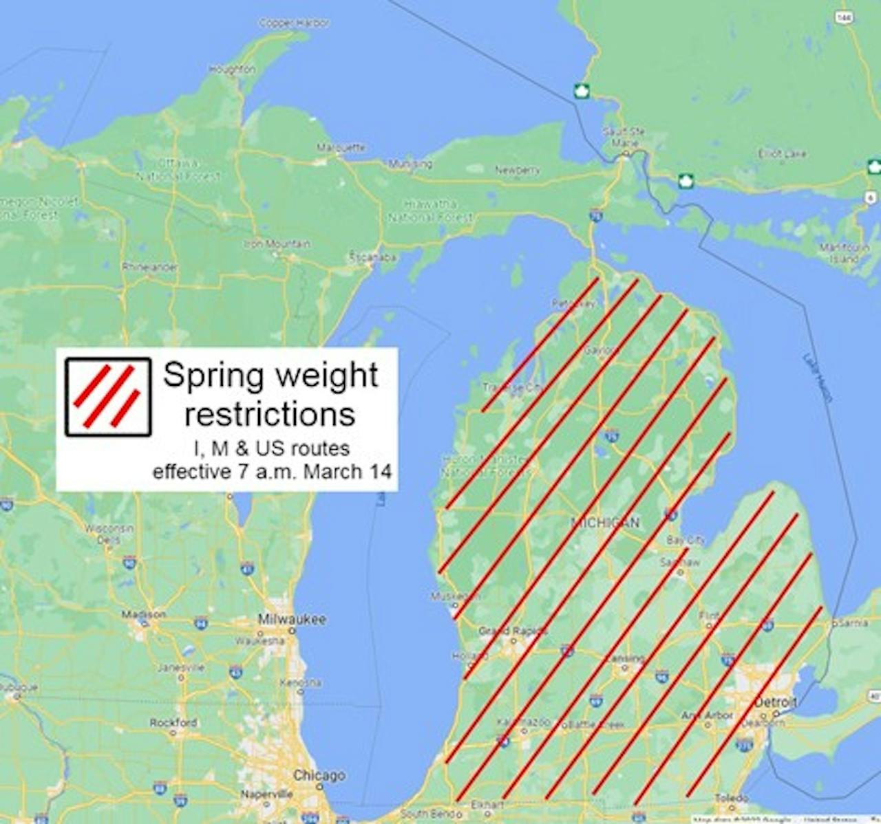 Michigan DOT is expanding its spring weight restrictions to cover up to the Mackinac Bridge.
