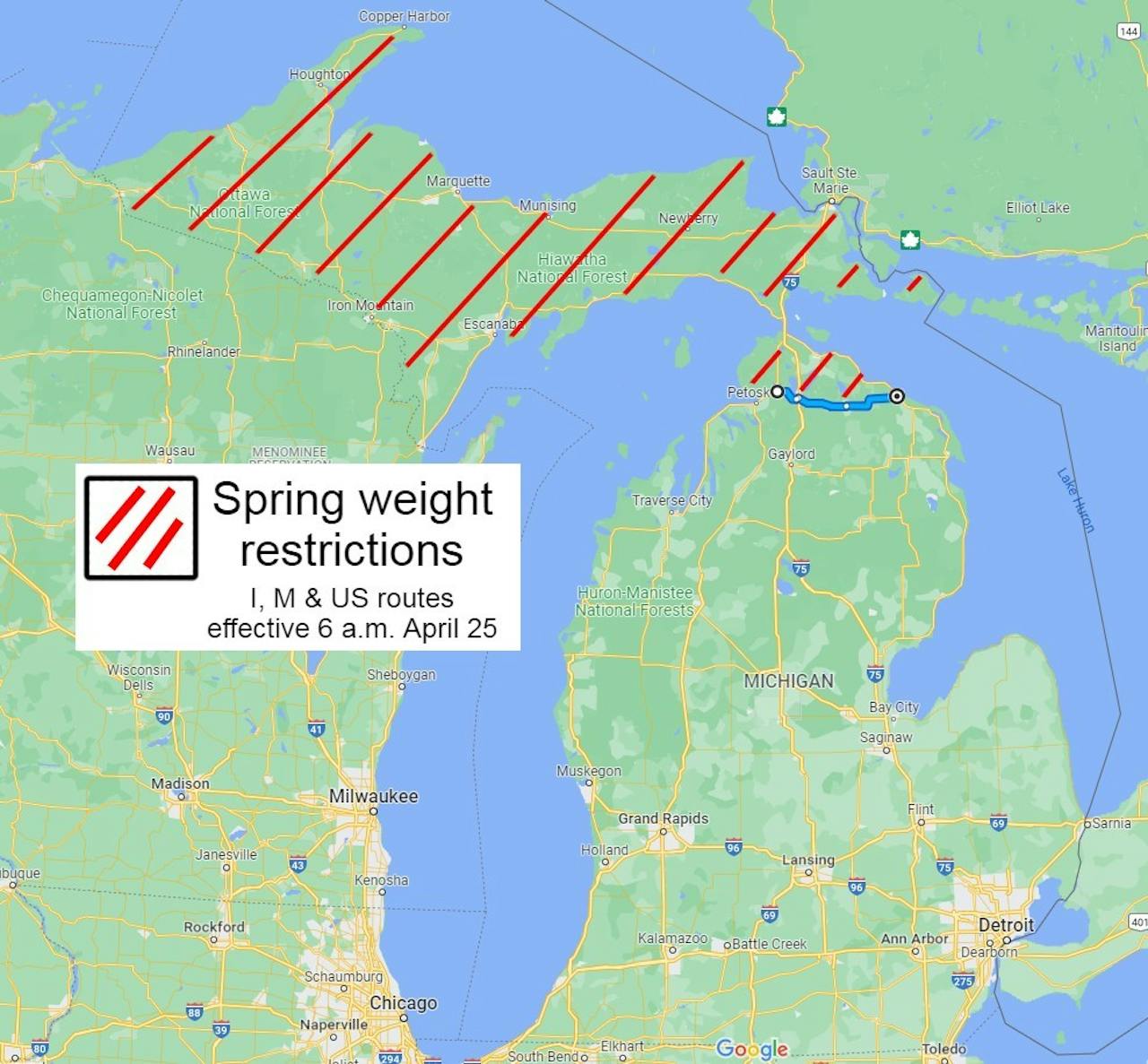 Only Michigan's Upper Peninsula and part of the southern part of the state still have spring weight restrictions in place.