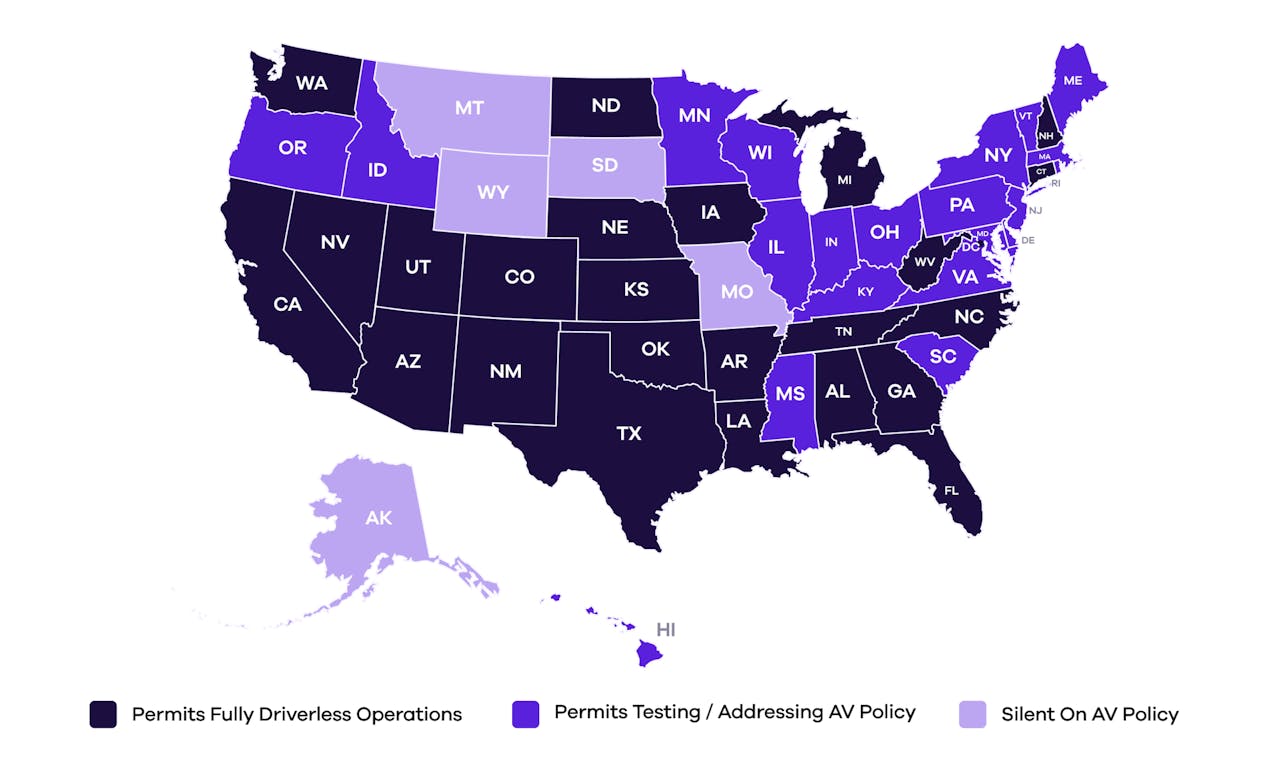 Map of states that allow driverless operation