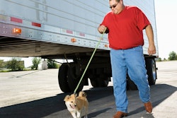 Truck driver walking his dog