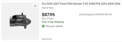 Ebay Motors listing for a starter
