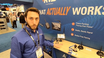 Fleet Safe's Air Vue provides wireless camera placement for the back of trailers. Safe Fleet's director of commercial vehicle fleet sales, Nick Wineberg, showed how the system activates in a few seconds after being plugged into the truck's seven-way port.