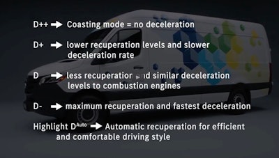The Mercedes electric eSprinter gets five levels of brake regen shown above. Brake regen slows the vehicle while recovering power that's used to charge the powertrain battery.