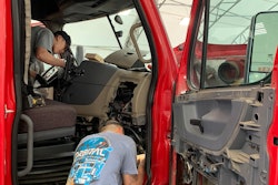 A Groendyke Tranport truck at their Panama City, Fla. terminal undergoes installation of a new AI-equipped video monitoring system from Samsara. As of Tuesday, 65% of Groendyke's trucks have been equipped with the new system. It takes about two hours for each install. Groendyke contracted with Orbital Installation Technologies to handle conversions on roughly 1,000 trucks.