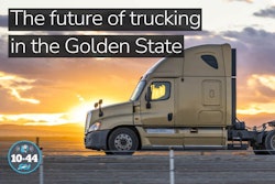youtube thumbnail for the 10-44 of a semi truck with text that reads the future of trucking in the golden state
