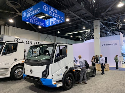 The all-electric Lion 5 that debuted this week at the Advanced Clean Transportation Expo in Anaheim, California is shown above in an ambulance configuration. A longer 153-inch wheel base with rear dualies is also available.