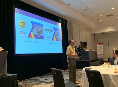 NACFE executive director Mike Roeth introduces two additional participants in this year's Run on Less Electric Depot: WattEV CEO Salim Youssefzadeh (seated on the far left) and Anthony Marshall, vice president of transportation maintenance and engineering at UPS (center).