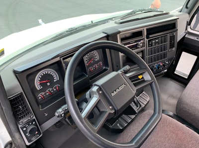 Everything's within easy reach from the driver's seat inside the Mack MD6. The flat bottom steering wheel made it easier to enter and exit the truck.