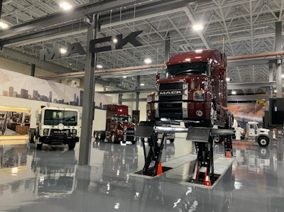 Mack's new showroom floor at their newly reopened Experience Center now features a truck lift. The Mack Anthem shown on the lift above provided plenty of clearance to get under the truck for a closer view (see photo below).