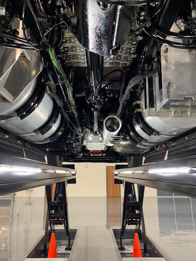 A view under the Mack Anthem courtesy of Mack's new truck lift at their Experience Center in Allentown, Pennsylvania.