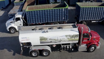 A truck delivers Neste renewable diesel in California where the fuel has outpaced bio diesel.