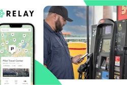 Relay, Pilot partnership graphic with a man holding his phone next to a fuel pump