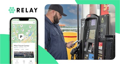 Relay, Pilot partnership graphic with a man holding his phone next to a fuel pump