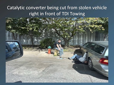 Catalytic converter being cut from a stolen vehicle in front of TDI Towing
