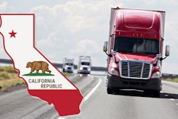 State outline of California with California flag details over an image of semitrucks on a highway
