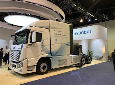 Those calling for a repeal of the Federal Excise Tax say it will help fleets acquire safer and cleaner-running trucks. A hydrogen fuel cell Hyundai Xcient is shown above at the Advanced Clean Transportation Expo in May.