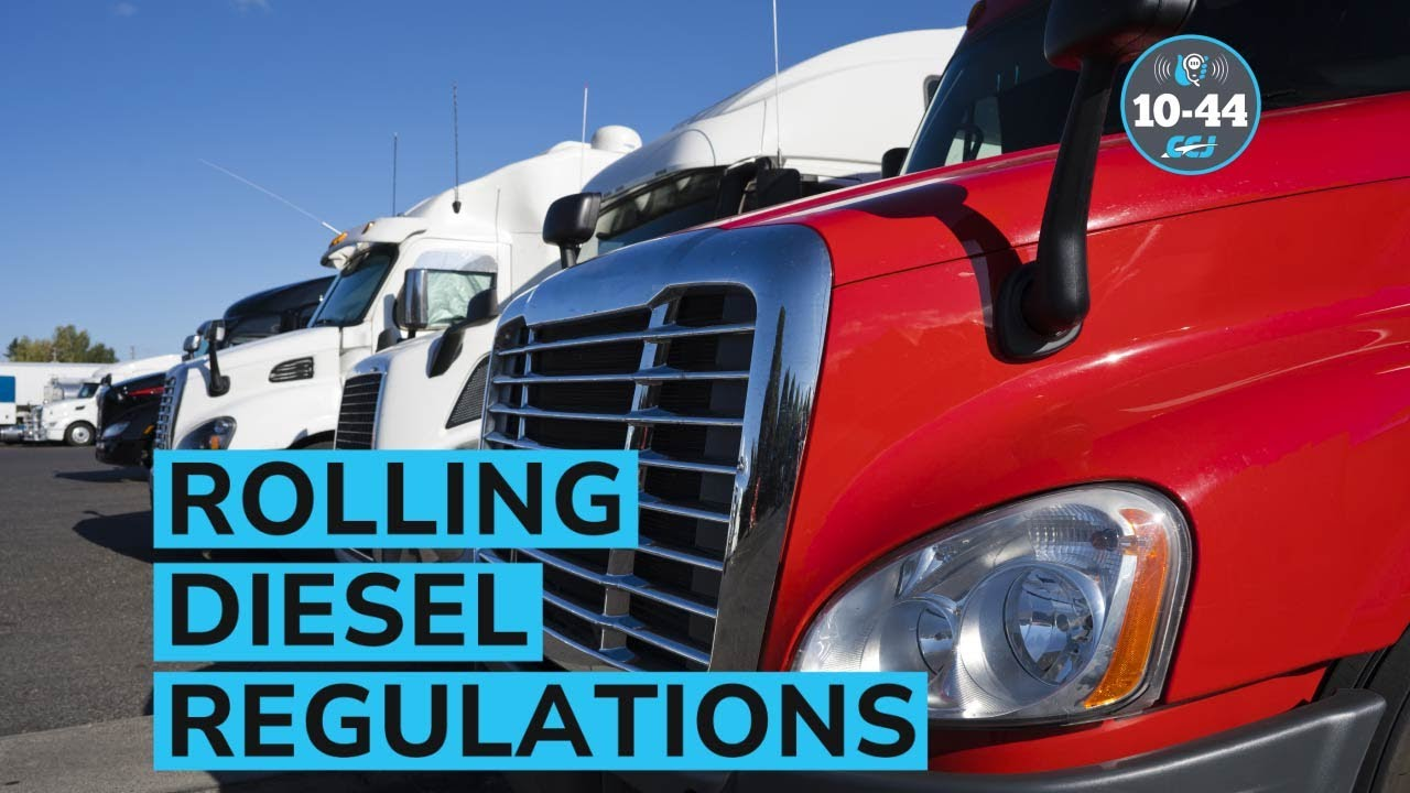 CCJ 10-44 Rolling Diesel Regulations text over parked semi-trucks