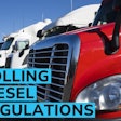 CCJ 10-44 Rolling Diesel Regulations text over parked semi-trucks