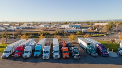Overhead view of many trucks