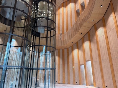 use of wood inside World of Volvo