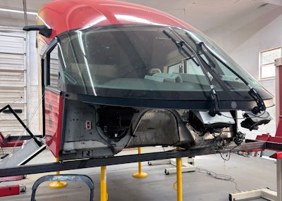 Starship's cab sits on a lift at SPEVCO while awaiting the chassis. Craig Tharpe, SPEVCO director of engineering and design, said it will take about a day to put the pieces together, and several more days to connect all the pieces and test them properly.