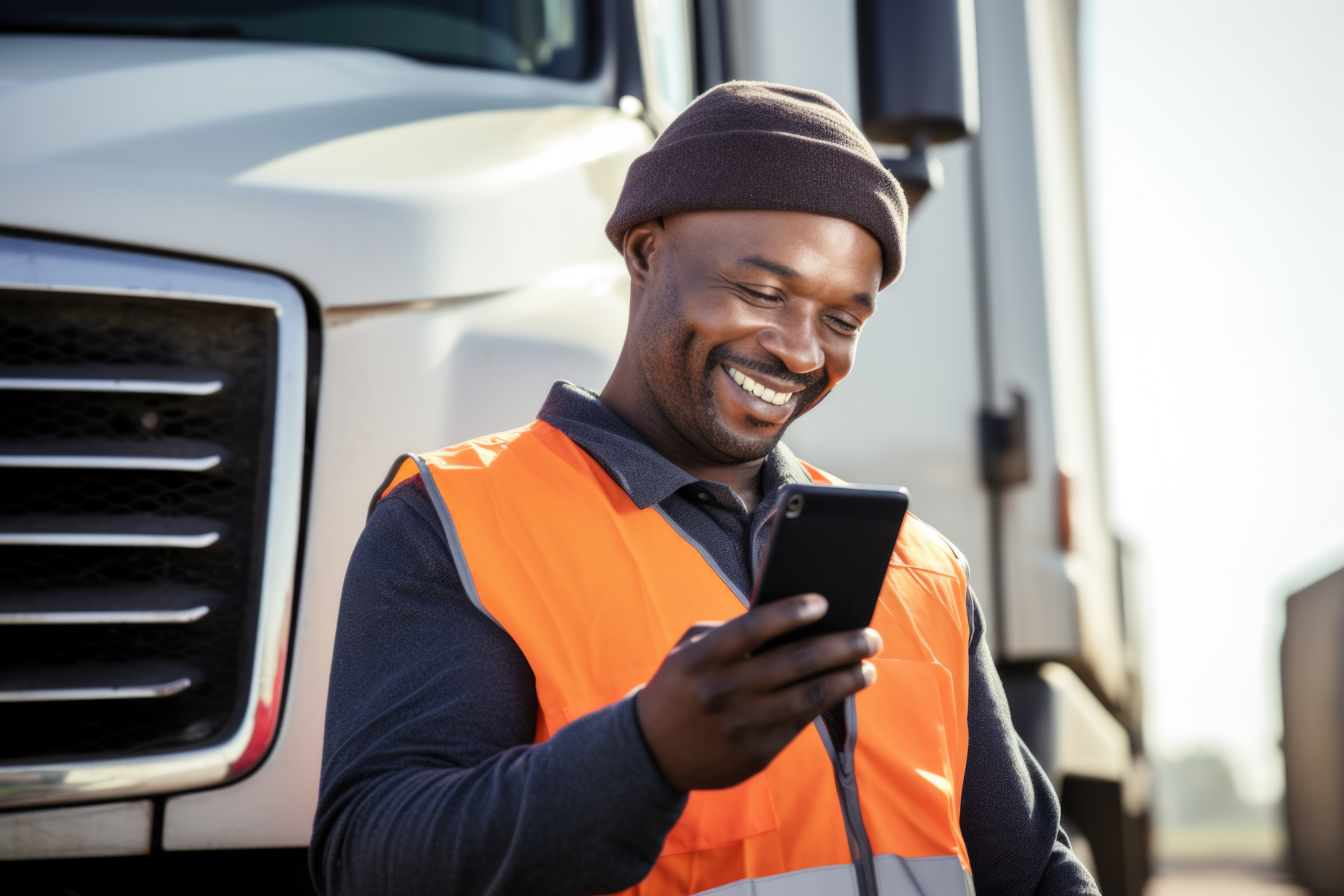 truck driver smiling at his phone