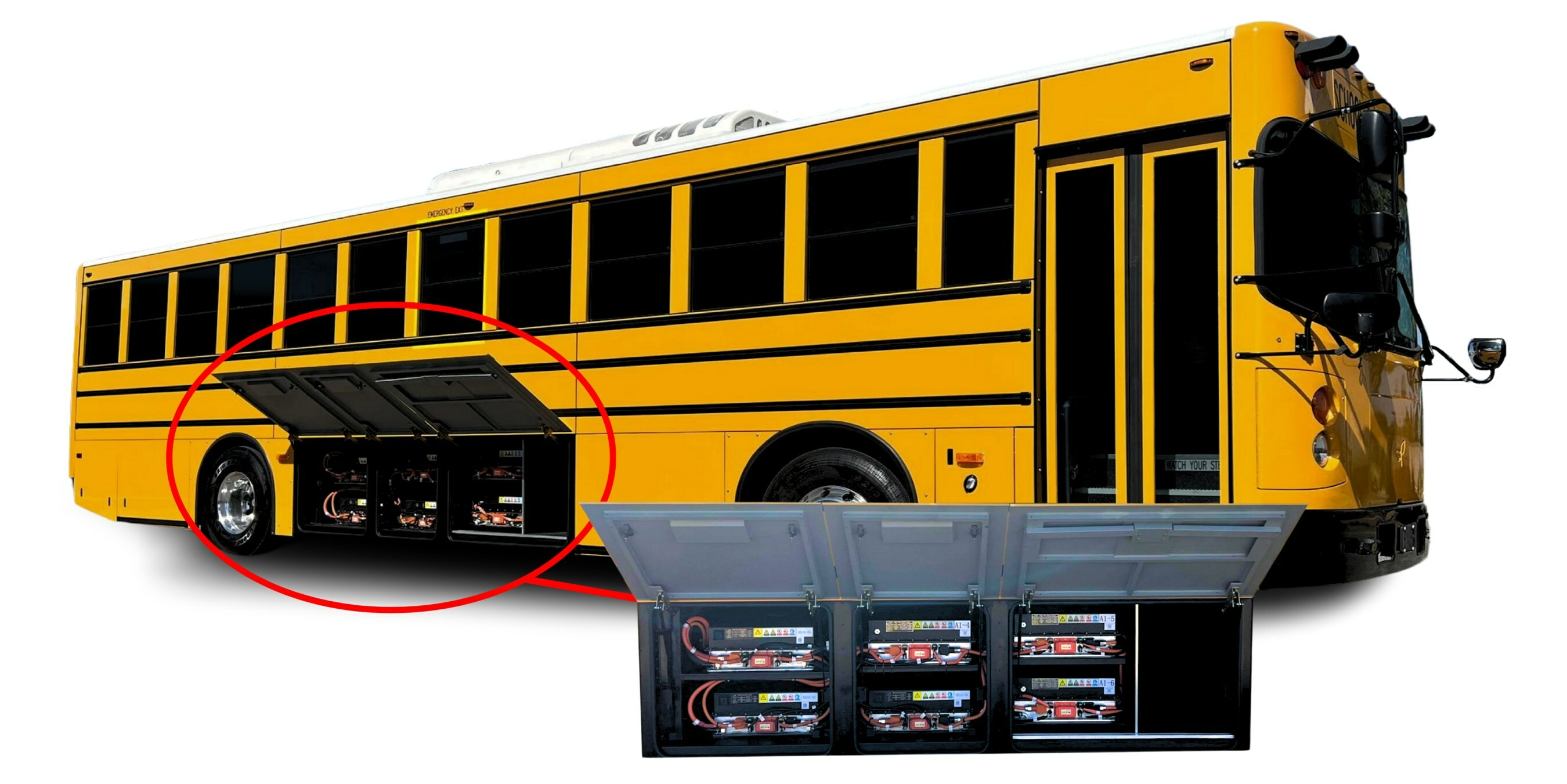 A school bus with the battery pack highlighted.