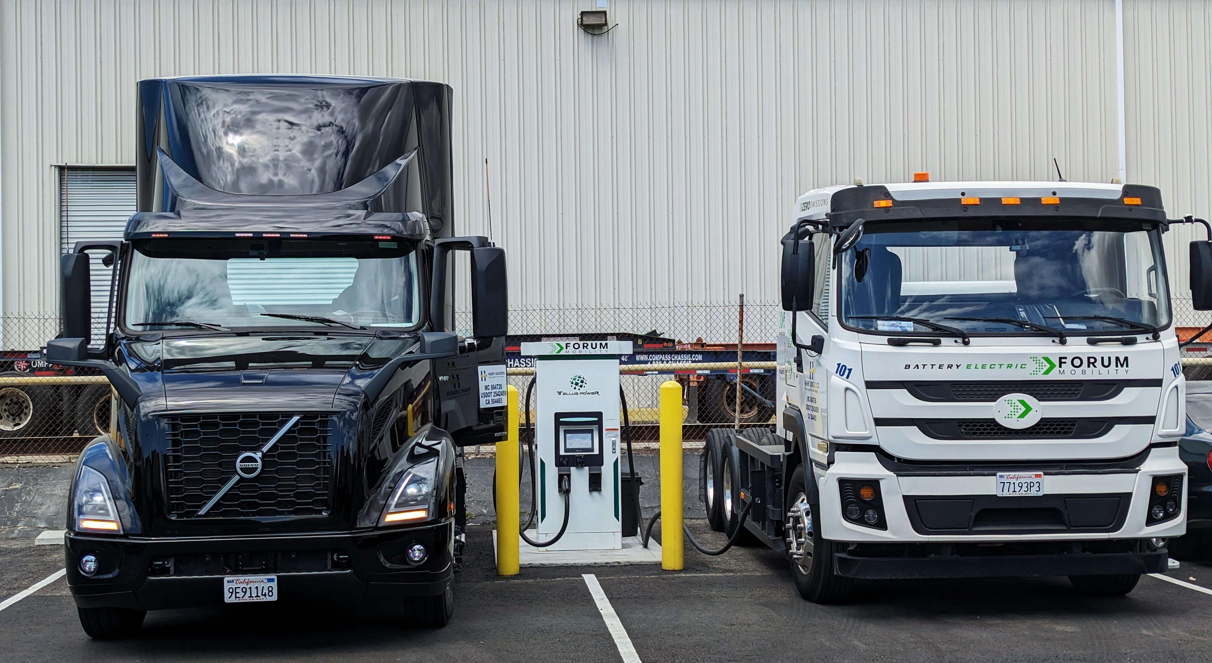 Two of Hight Logistics/Electric's battery-electric trucks