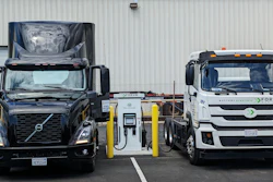 Two of Hight Logistics/Electric's battery-electric trucks