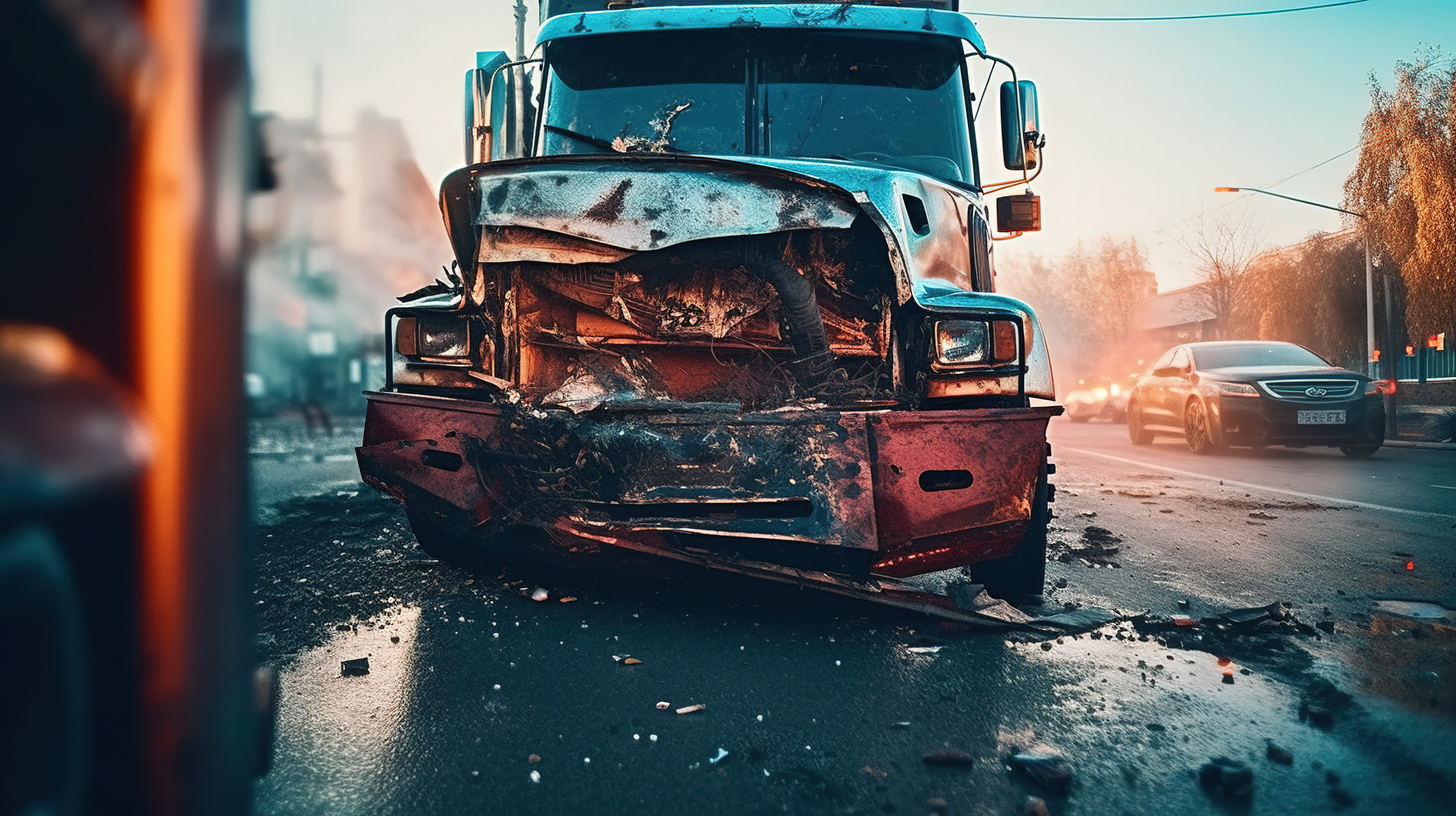 crashed truck with front-end damage