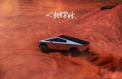 tesla cybertruck aerial shot like mars landscape