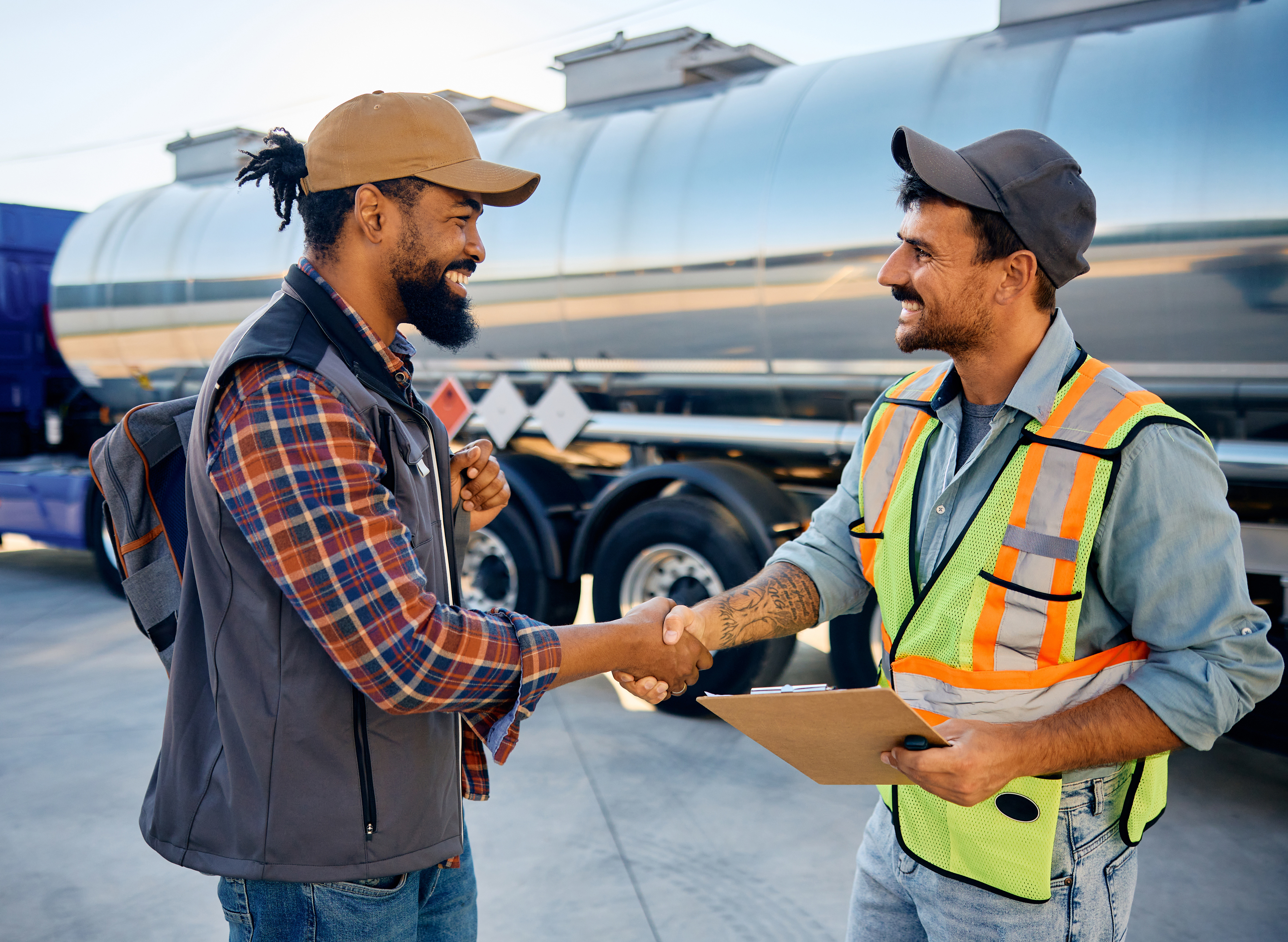 Truck driver shaking hands