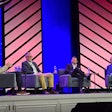 Joey Hogan, president of Covenant Logistics Group, Mark Rourke, president and CEO of Schneider National, Jim Richards, president and CEO of KLLM Transport Services, and Murray Mullen, chair, senior executive office and president of Mullen Group, at a leadership panel at the Truckload Carriers Association annual convention in Nashville.
